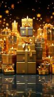 Radiant celebration haven, brimming golden packages. Banner ready for holidays, birthdays, festivities. Vertical Mobile Wallpaper AI Generated photo