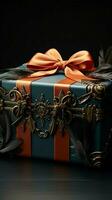 Romantic elegance Craft box with textured bow, feathers, on enchanting dark background. Vertical Mobile Wallpaper AI Generated photo