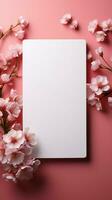 Serene elegance White card against pastel pink, ready for personal expressions. Vertical Mobile Wallpaper AI Generated photo