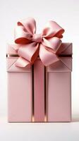 Showcase elegance White podium, pink gift box, pastel ribbon bow isolated on white. Vertical Mobile Wallpaper AI Generated photo