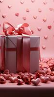 Captivating web banner Pink gift box, red bow, surrounded by heart adorned pink. Vertical Mobile Wallpaper AI Generated photo