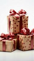 Standalone gifts, boxes on white. Exemplify vacation, Valentine's Day celebration. Vertical Mobile Wallpaper AI Generated photo