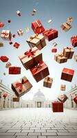 Surprise delivery Boxes pop from bag, creating a festive scene on white. Vertical Mobile Wallpaper AI Generated photo