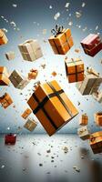 Surprise delivery Boxes pop from bag, creating a festive scene on white. Vertical Mobile Wallpaper AI Generated photo