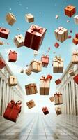 Surprise delivery Boxes pop from bag, creating a festive scene on white. Vertical Mobile Wallpaper AI Generated photo