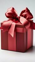 Unveiled red gift box with ribbon, alone on clean white isolation. Vertical Mobile Wallpaper AI Generated photo