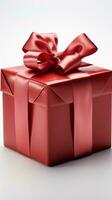 Unveiled red gift box with ribbon, alone on clean white isolation. Vertical Mobile Wallpaper AI Generated photo