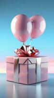 Vibrant display White gift box, blue ribbon, balloon enhance lovely pink setting. Vertical Mobile Wallpaper AI Generated photo