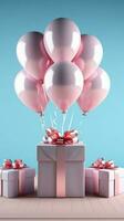 Vibrant display White gift box, blue ribbon, balloon enhance lovely pink setting. Vertical Mobile Wallpaper AI Generated photo