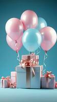 Whimsical mix White gift box, blue ribbon, balloon against playful pink backdrop. Vertical Mobile Wallpaper AI Generated photo