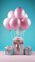 Whimsical mix White gift box, blue ribbon, balloon against playful pink backdrop. Vertical Mobile Wallpaper AI Generated photo