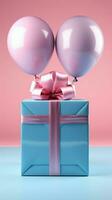 Chic contrast White box, blue ribbon, balloon on vibrant pink background. Vertical Mobile Wallpaper AI Generated photo