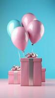 Chic contrast White box, blue ribbon, balloon on vibrant pink background. Vertical Mobile Wallpaper AI Generated photo