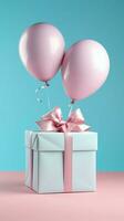 Chic contrast White box, blue ribbon, balloon on vibrant pink background. Vertical Mobile Wallpaper AI Generated photo