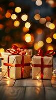 Christmas magic Gift boxes, red bows, twinkle amidst bokeh lights' celebration. Vertical Mobile Wallpaper AI Generated photo