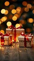 Navidad magia regalo cajas, rojo arcos, centelleo en medio de bokeh luces' celebracion. vertical móvil fondo de pantalla ai generado foto