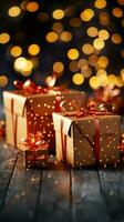 Navidad magia regalo cajas, rojo arcos, centelleo en medio de bokeh luces' celebracion. vertical móvil fondo de pantalla ai generado foto