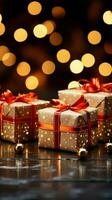 Christmas magic Gift boxes, red bows, twinkle amidst bokeh lights' celebration. Vertical Mobile Wallpaper AI Generated photo