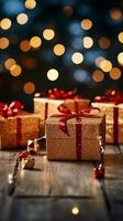 Christmas magic Gift boxes, red bows, twinkle amidst bokeh lights' celebration. Vertical Mobile Wallpaper AI Generated photo