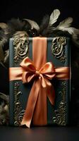 Craft box adorned with textured bow, feathers on dark background. Evokes a romantic mood. Vertical Mobile Wallpaper AI Generated photo