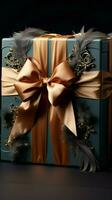 Craft box adorned with textured bow, feathers on dark background. Evokes a romantic mood. Vertical Mobile Wallpaper AI Generated photo