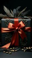 Dark backdrop enhances charm Craft box, textured bow, feathers. Exudes romantic luxury. Vertical Mobile Wallpaper AI Generated photo