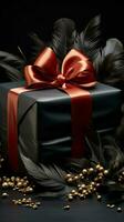 Dark backdrop enhances charm Craft box, textured bow, feathers. Exudes romantic luxury. Vertical Mobile Wallpaper AI Generated photo