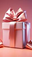 Delicate charm Open gift box, pink bow on pastel pink background. Vertical Mobile Wallpaper AI Generated photo