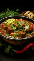 Culinary masterpiece Mutton gosht rogan josh, Indian flavors, served in a focused bowl Vertical Mobile Wallpaper AI Generated photo