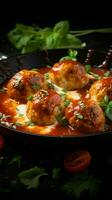 Culinary medley Baked chicken fillet and meatballs immersed in tomato sauce, a taste symphony Vertical Mobile Wallpaper AI Generated photo