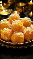 Delightful orbs Motichoor laddoo, an Indian confectionery with a burst of sweetness Vertical Mobile Wallpaper AI Generated photo