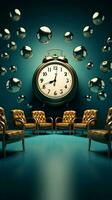 3D rendering Chairs accompanied by clock, in a thoughtfully crafted illustrative scene. Vertical Mobile Wallpaper AI Generated photo