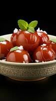 Dessert elegance Gulab jamun served in a white bowl, a sweet delight Vertical Mobile Wallpaper AI Generated photo