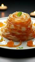 postre deleite jalebi servido en un blanco lámina, un tentador final a comidas vertical móvil fondo de pantalla ai generado foto