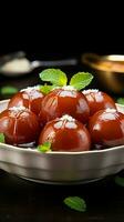 Dessert elegance Gulab jamun served in a white bowl, a sweet delight Vertical Mobile Wallpaper AI Generated photo