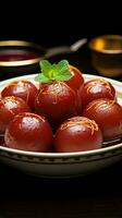 Dessert elegance Gulab jamun served in a white bowl, a sweet delight Vertical Mobile Wallpaper AI Generated photo