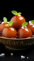 Dessert elegance Gulab jamun served in a white bowl, a sweet delight Vertical Mobile Wallpaper AI Generated photo