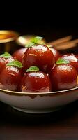 Dessert elegance Gulab jamun served in a white bowl, a sweet delight Vertical Mobile Wallpaper AI Generated photo