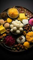 Dessert symphony Indian sweets presented in a tempting flat lay arrangement Vertical Mobile Wallpaper AI Generated photo