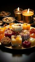 Festive ensemble Group of Indian mithai sweets adorned with a decorative diya Vertical Mobile Wallpaper AI Generated photo