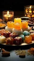 Festive ensemble Group of Indian mithai sweets adorned with a decorative diya Vertical Mobile Wallpaper AI Generated photo