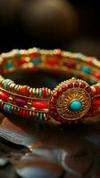 Festive thread Raksha Bandhan wrist band from India placed elegantly on a table Vertical Mobile Wallpaper AI Generated photo