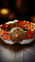 Festive thread Raksha Bandhan wrist band from India placed elegantly on a table Vertical Mobile Wallpaper AI Generated photo