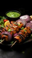 Flavorful charmers Indian chicken tikka kebabs, roasted, accompanied by chutney and onions Vertical Mobile Wallpaper AI Generated photo