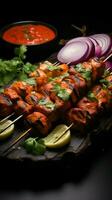 Flavorful charmers Indian chicken tikka kebabs, roasted, accompanied by chutney and onions Vertical Mobile Wallpaper AI Generated photo