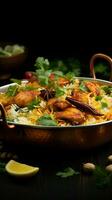 Flavorful delight Dum chicken biriyani, a vibrant Kerala Thalassery version, captured in close up Vertical Mobile Wallpaper AI Generated photo