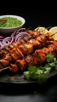 Flavorful charmers Indian chicken tikka kebabs, roasted, accompanied by chutney and onions Vertical Mobile Wallpaper AI Generated photo