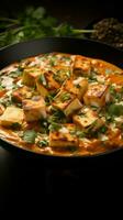 Flavorful fusion Vertical shot showcasing traditional paneer butter masala, a rich cottage cheese curry Vertical Mobile Wallpaper AI Generated photo