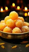 Flavorful orbs Motichoor laddu, a traditional delight, offering bites of sweet enchantment Vertical Mobile Wallpaper AI Generated photo