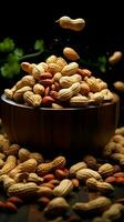 Focused flavors Dark background accentuates peanuts in a captivating, selective focus shot Vertical Mobile Wallpaper AI Generated photo